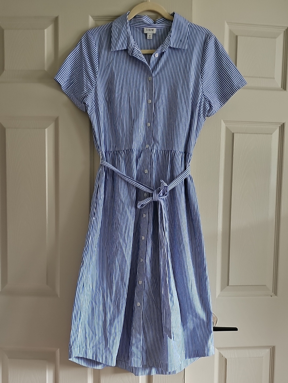 J. Crew Navy and White Striped Midi Shirt Dress with Tie Waist